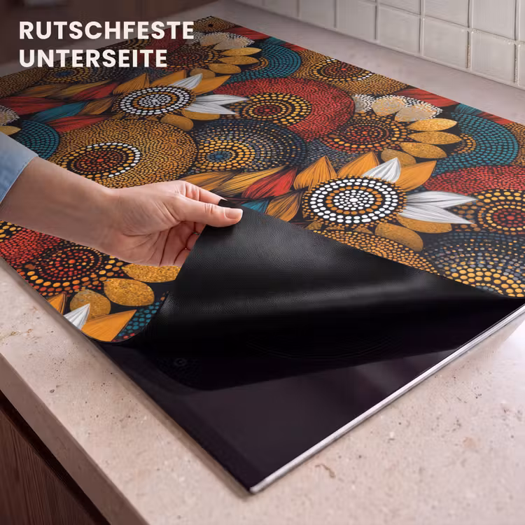 2-in-1 Herdabdeckplatte & Spritzschutz - Farbenfroh – Aborigine – Punktmalerei – Botanisch – Muster — 4