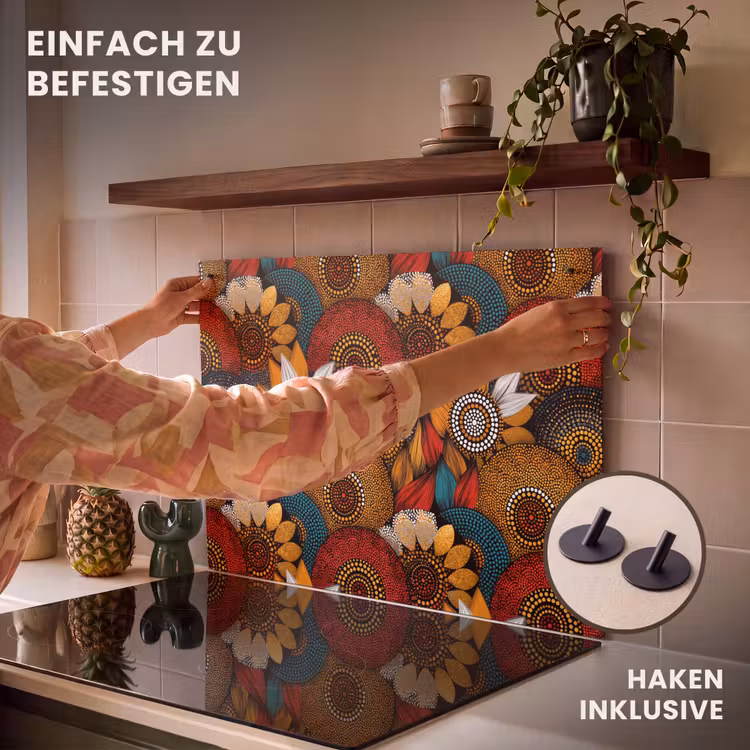 2-in-1 Herdabdeckplatte & Spritzschutz - Farbenfroh – Aborigine – Punktmalerei – Botanisch – Muster — 7