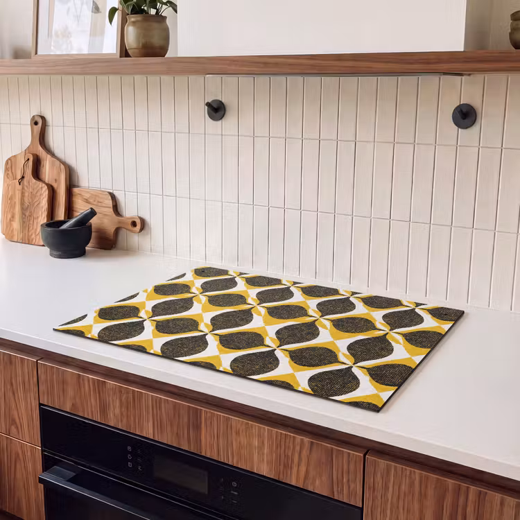 2-in-1 Herdabdeckplatte & Spritzschutz - Gelb – Schwarz – Geometrisch – Retro – Struktur — 2