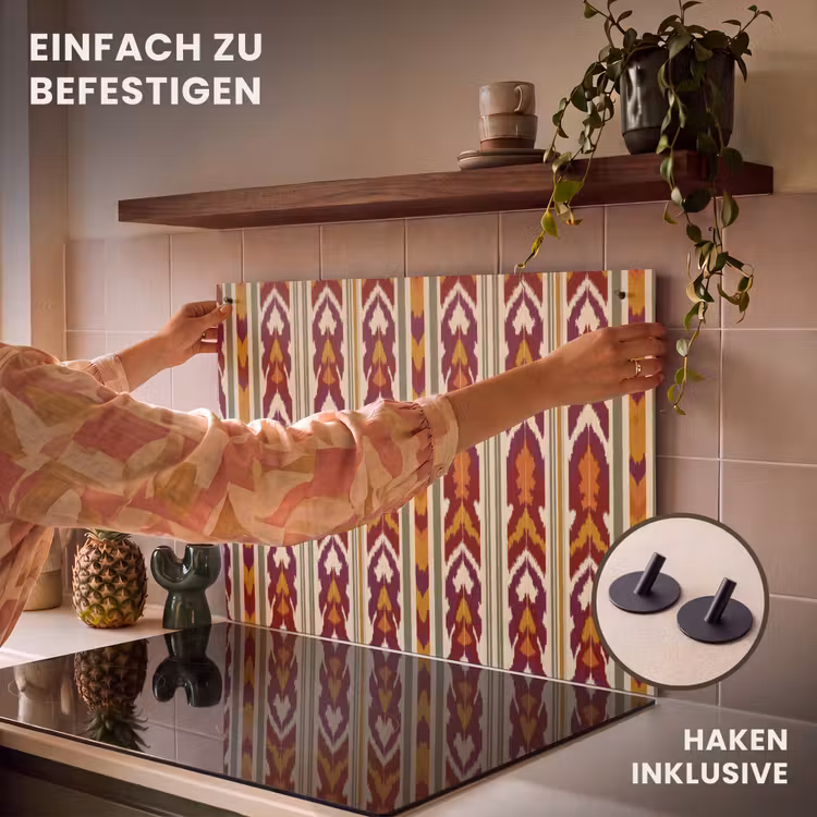2-in-1 Herdabdeckplatte & Spritzschutz - Ikat – Bordeauxrot – Ethno – Muster — 7