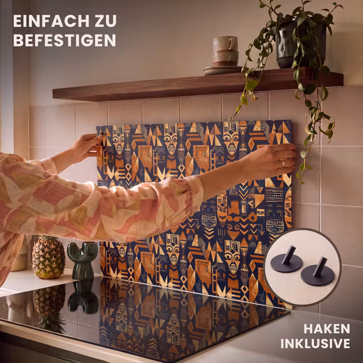 2-in-1 Herdabdeckplatte & Spritzschutz - Nachtblau – Kupfer – Tribal – Masken — 7