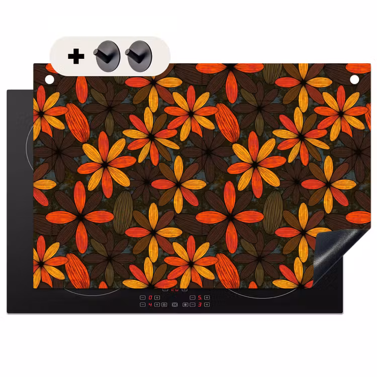 2-in-1 Herdabdeckplatte & Spritzschutz - Orange – Retro – Blumen – Herbst — 1