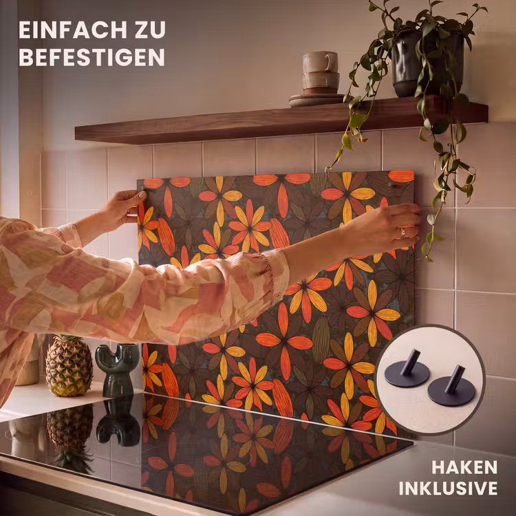 2-in-1 Herdabdeckplatte & Spritzschutz - Orange – Retro – Blumen – Herbst — 7