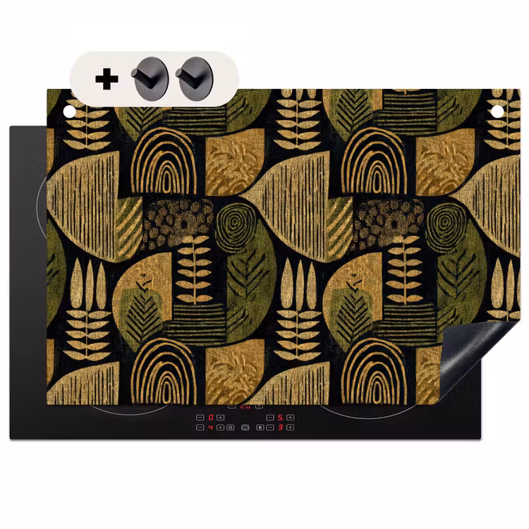 2-in-1 Herdabdeckplatte & Spritzschutz - Schwarz – Ockergelb – Botanisch – Textur — 1