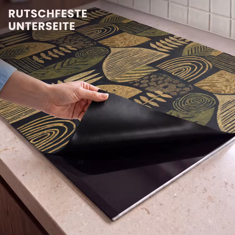 2-in-1 Herdabdeckplatte & Spritzschutz - Schwarz – Ockergelb – Botanisch – Textur — 4