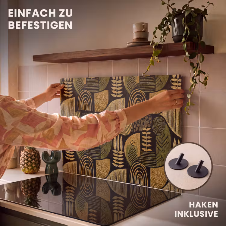 2-in-1 Herdabdeckplatte & Spritzschutz - Schwarz – Ockergelb – Botanisch – Textur — 7