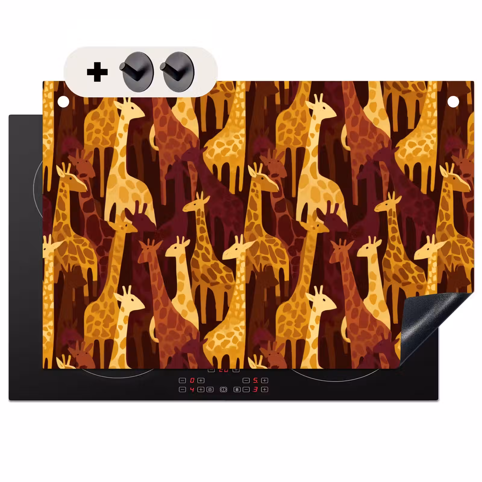 2-in-1 Herdabdeckplatte & Spritzschutz - Braun – Giraffen – Safari – Muster — 1