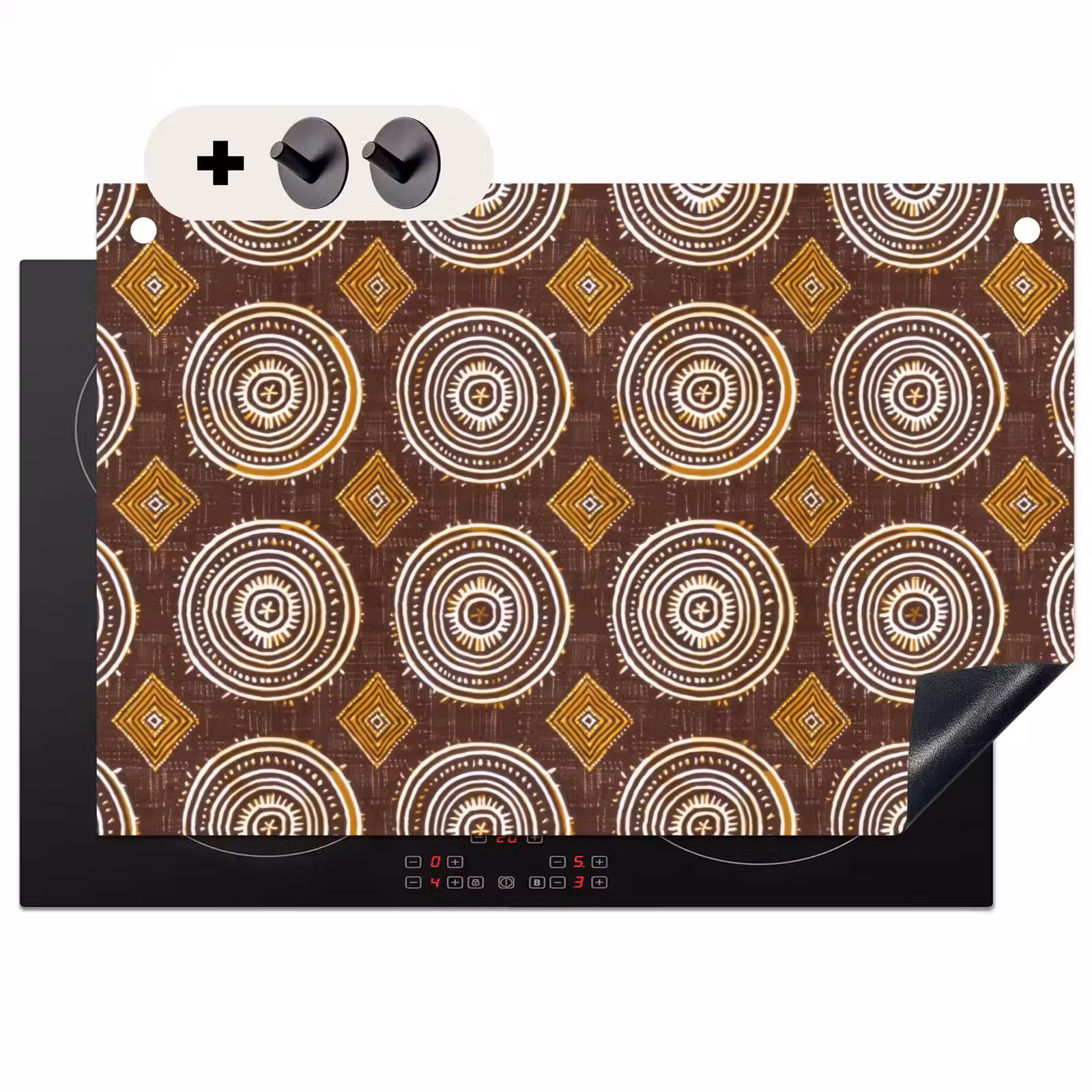 2-in-1 Herdabdeckplatte & Spritzschutz - Schokoladenbraun – Ethno – Tribal – Kreise – Muster — 1