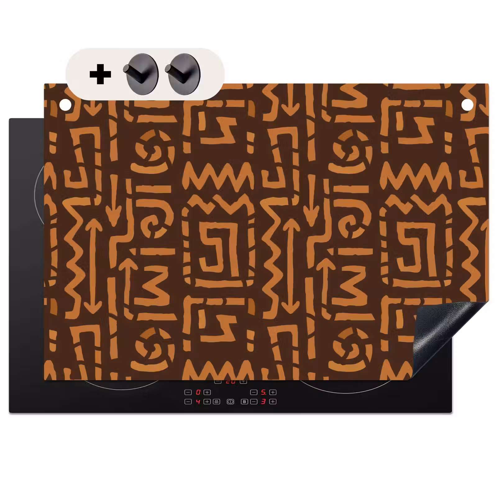 2-in-1 Herdabdeckplatte & Spritzschutz - Schokoladenbraun – Ethno – Tribal – Symbole — 1