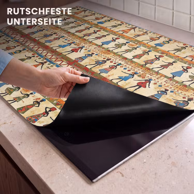 2-in-1 Herdabdeckplatte & Spritzschutz - Farbenfroh – Afrikanisch – Ethnisch – Tanzende Frauen – Muster — 4
