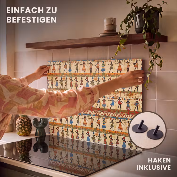 2-in-1 Herdabdeckplatte & Spritzschutz - Farbenfroh – Afrikanisch – Ethnisch – Tanzende Frauen – Muster — 7