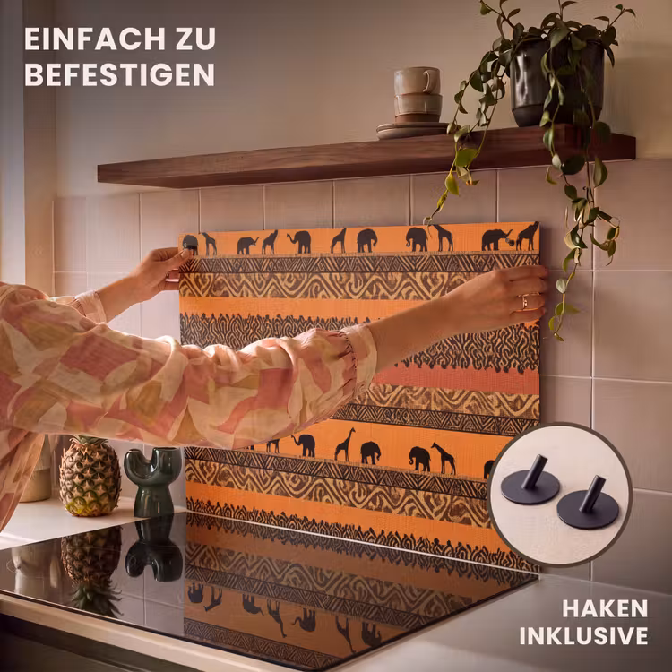 2-in-1 Herdabdeckplatte & Spritzschutz - Orange – Safari – Afrikaans – Tiere – Muster — 7
