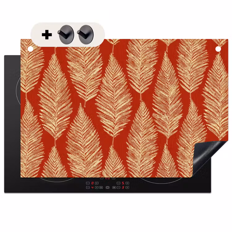 2-in-1 Herdabdeckplatte & Spritzschutz - Rot – Botanisch – Farn – Muster — 1
