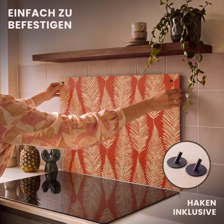 2-in-1 Herdabdeckplatte & Spritzschutz - Rot – Botanisch – Farn – Muster — 7