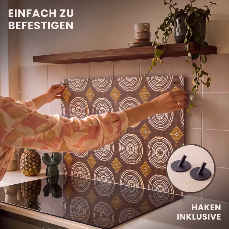 2-in-1 Herdabdeckplatte & Spritzschutz - Schokoladenbraun – Ethno – Tribal – Kreise – Muster — 7