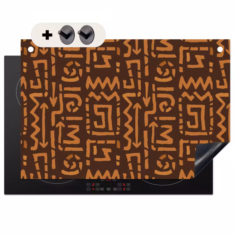 2-in-1 Herdabdeckplatte & Spritzschutz - Schokoladenbraun – Ethno – Tribal – Symbole — 1
