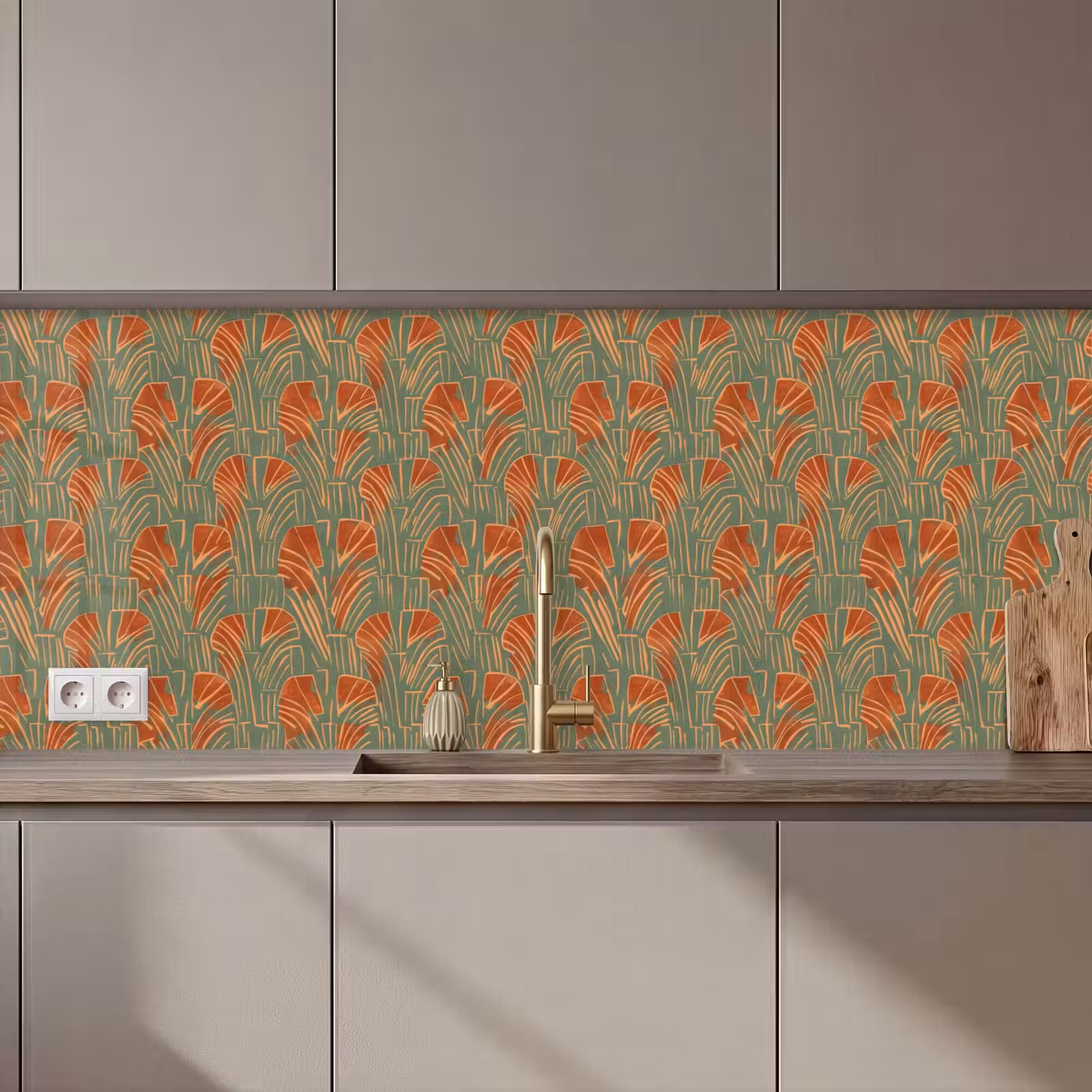 Küchenrückwand - Grün – Terrakotta – Deko – Fächer — 1
