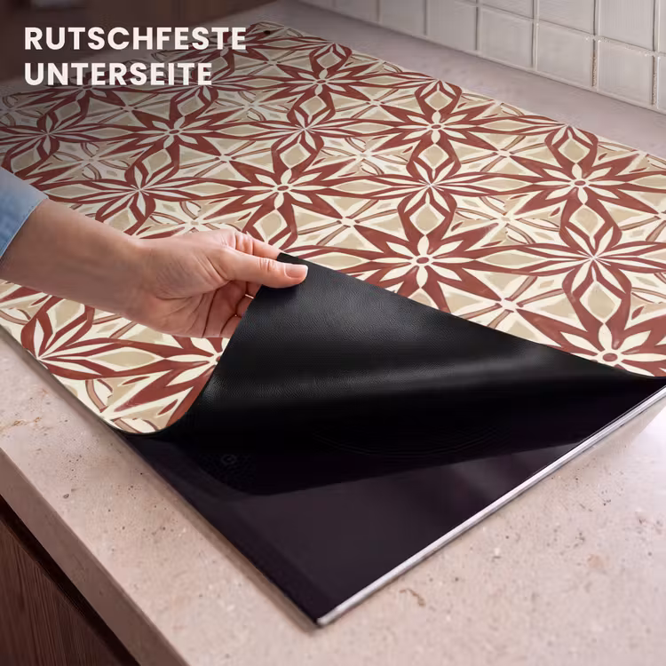 2-in-1 Herdabdeckplatte & Spritzschutz - Bordeauxrot – Geometrisch – Fliese – Muster — 4