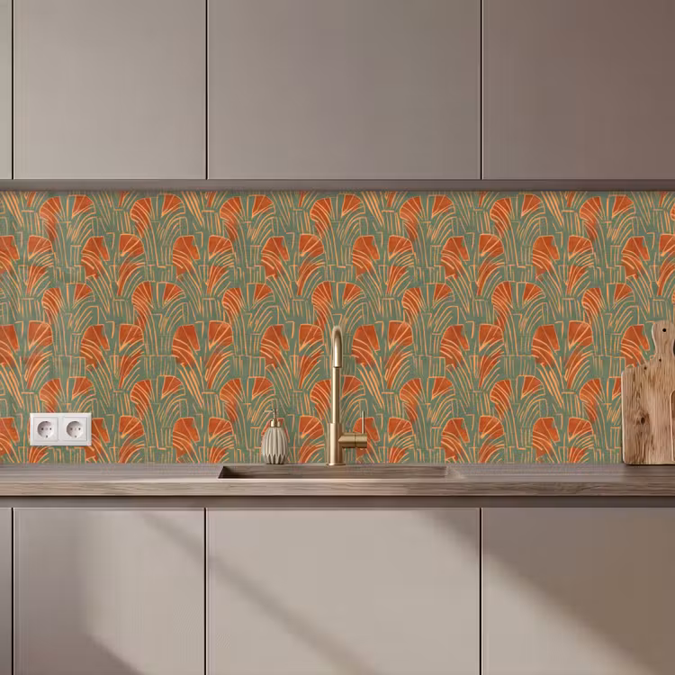 Küchenrückwand - Grün – Terrakotta – Deko – Fächer — 1