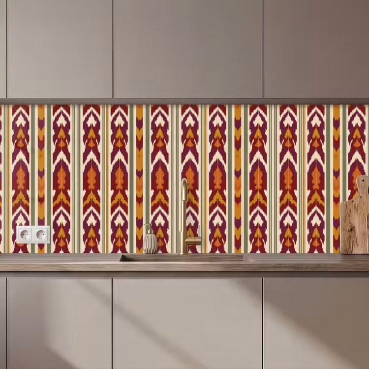 Küchenrückwand - Ikat – Bordeauxrot – Ethno – Muster — 1