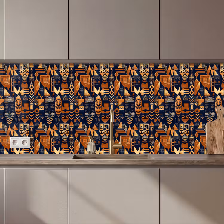 Küchenrückwand - Nachtblau – Kupfer – Tribal – Masken — 1