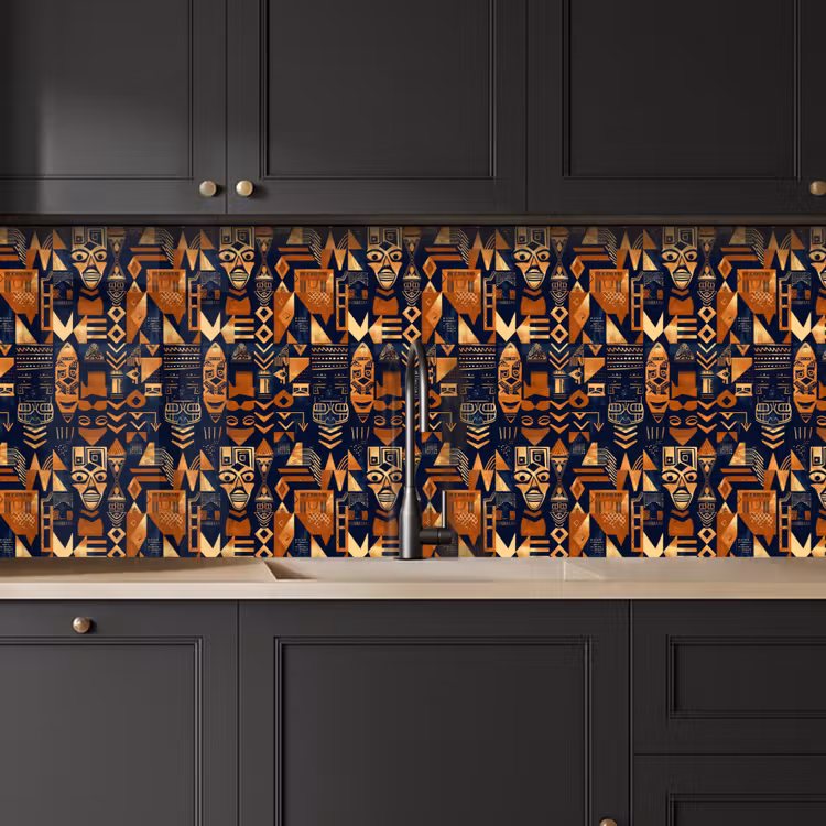 Küchenrückwand - Nachtblau – Kupfer – Tribal – Masken — 6