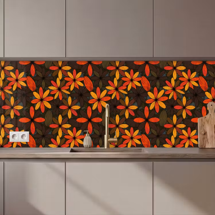 Küchenrückwand - Orange – Retro – Blumen – Herbst — 1