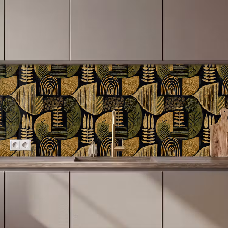 Küchenrückwand - Schwarz – Ockergelb – Botanisch – Textur — 1