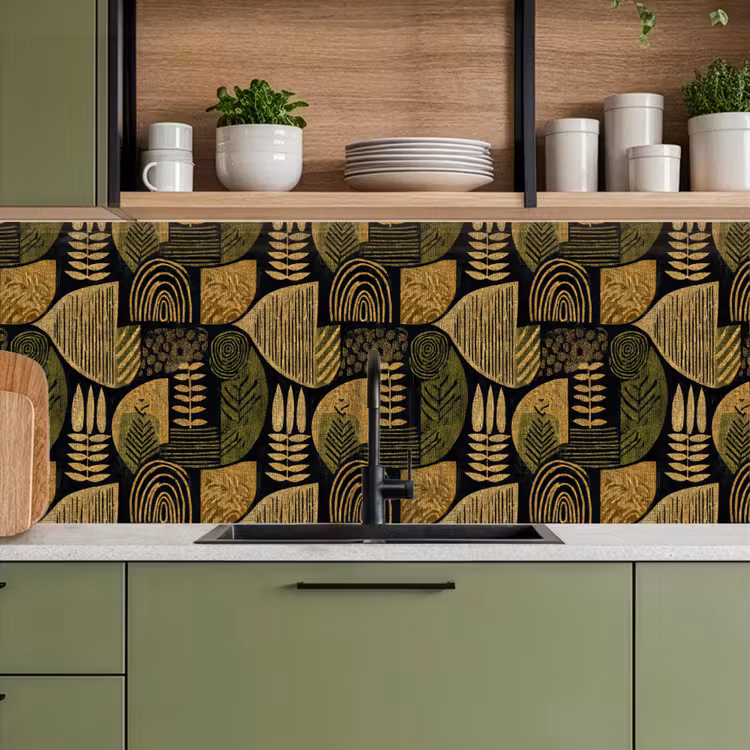 Küchenrückwand - Schwarz – Ockergelb – Botanisch – Textur — 8