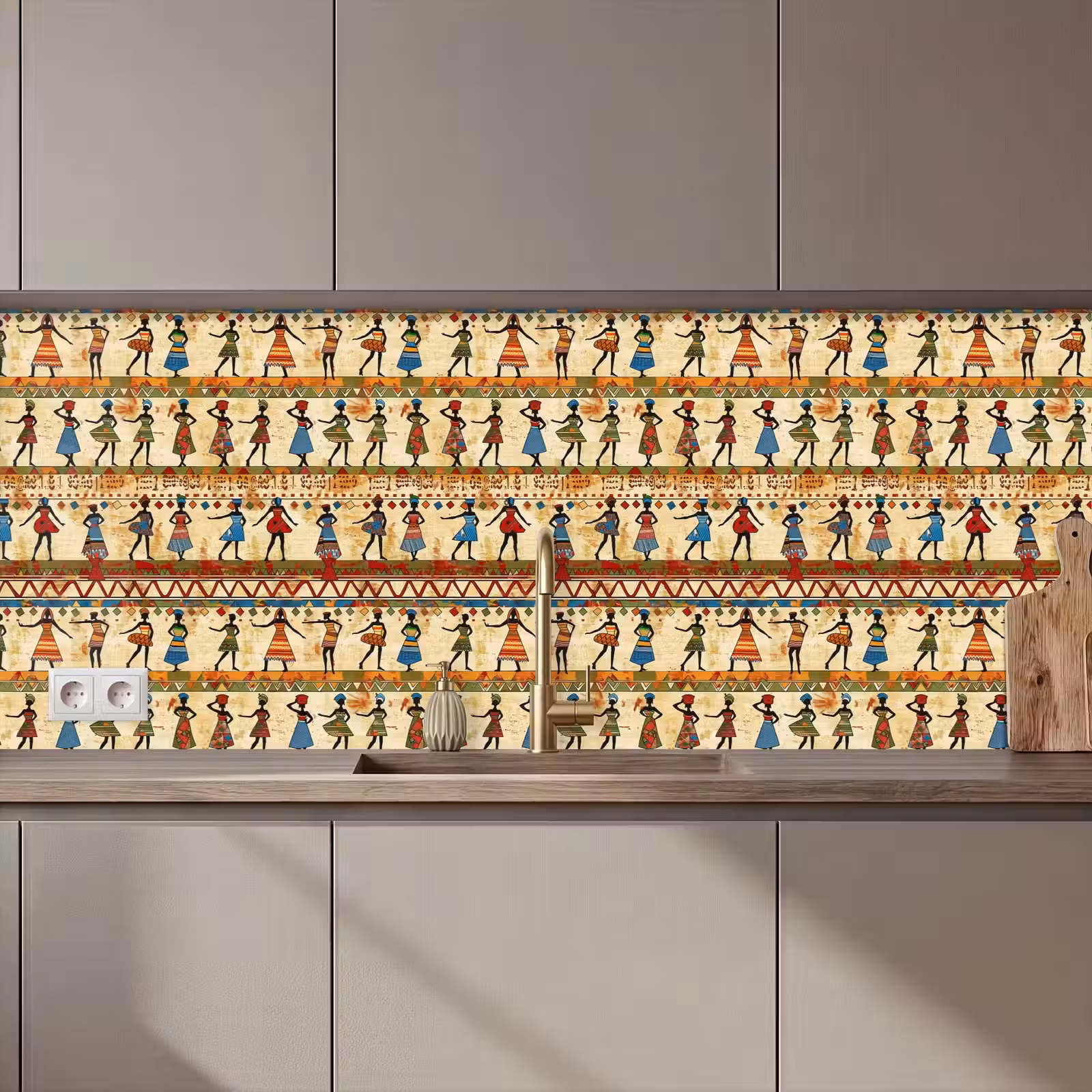 Küchenrückwand - Farbenfroh – Afrikanisch – Ethnisch – Tanzende Frauen – Muster — 1