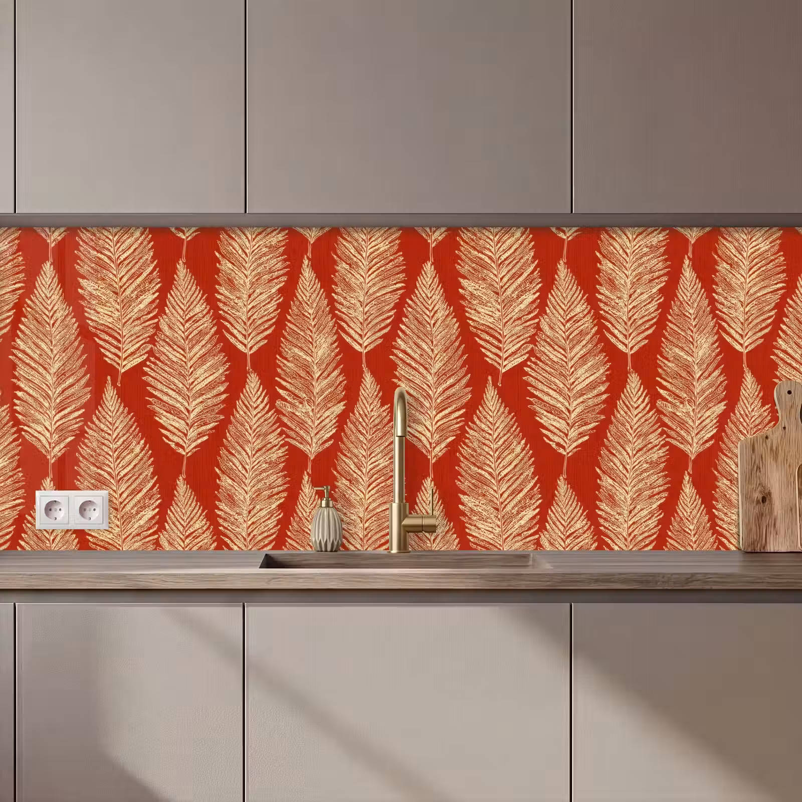 Küchenrückwand - Rot – Botanisch – Farn – Muster — 1