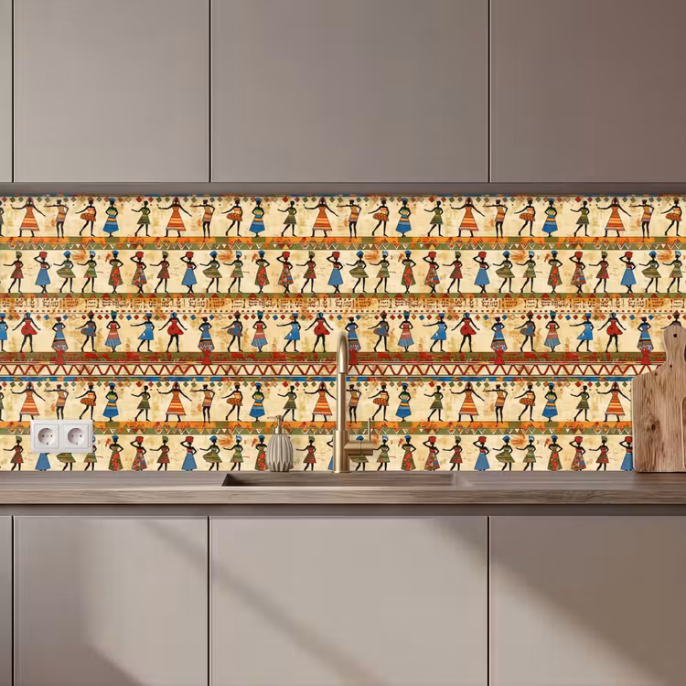 Küchenrückwand - Farbenfroh – Afrikanisch – Ethnisch – Tanzende Frauen – Muster — 1