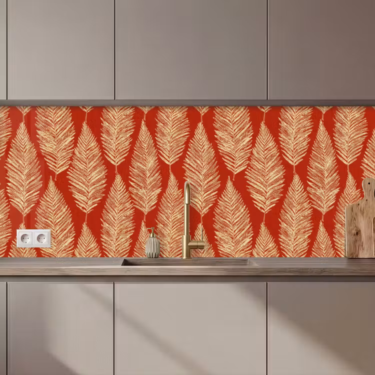 Küchenrückwand - Rot – Botanisch – Farn – Muster — 1