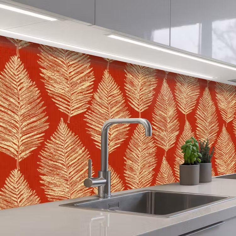 Küchenrückwand - Rot – Botanisch – Farn – Muster — 2