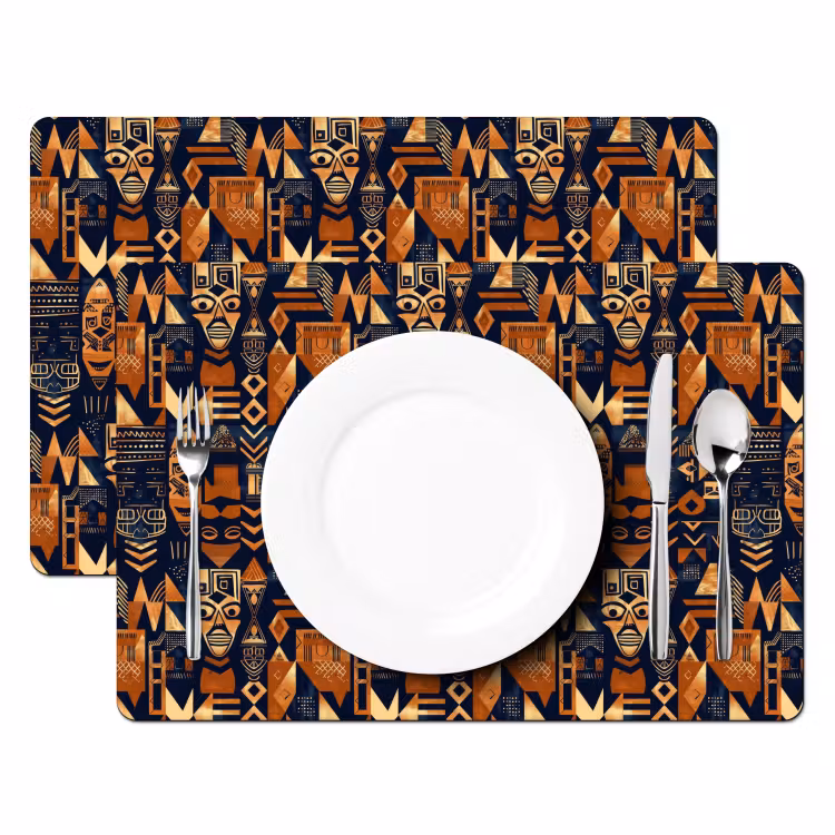 Tischset - 6 Stück - Nachtblau – Kupfer – Tribal – Masken — 2