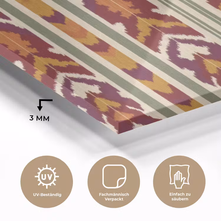 Glasbild - Ikat – Bordeauxrot – Ethno – Muster — 3