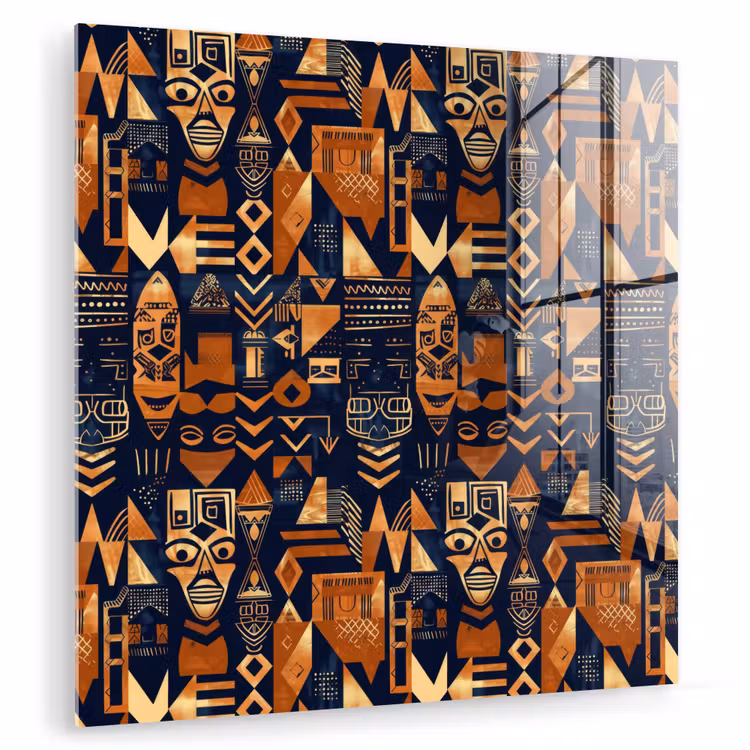 Glasbild - Nachtblau – Kupfer – Tribal – Masken — 1