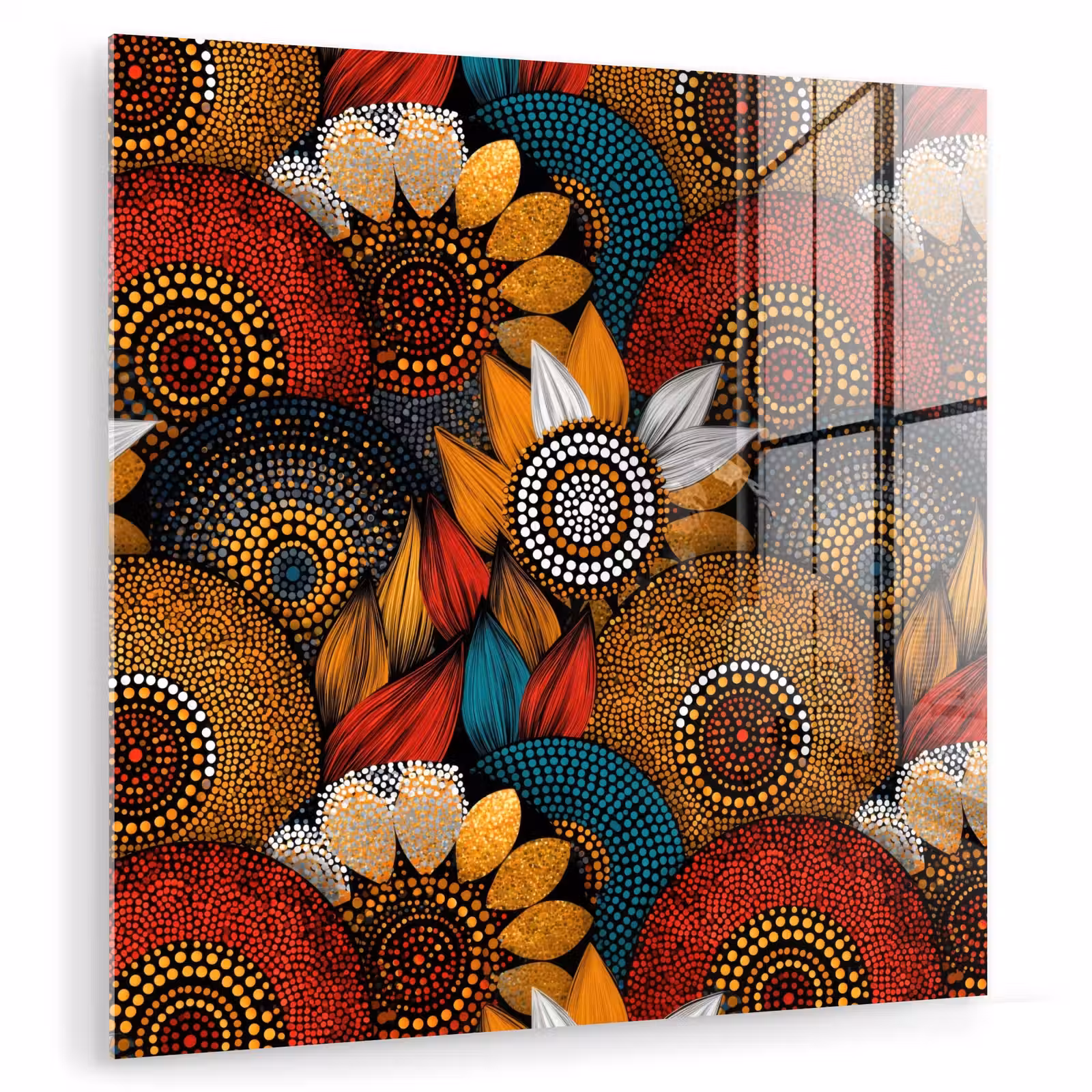 Glasbild - Farbenfroh – Aborigine – Punktmalerei – Botanisch – Muster — 1