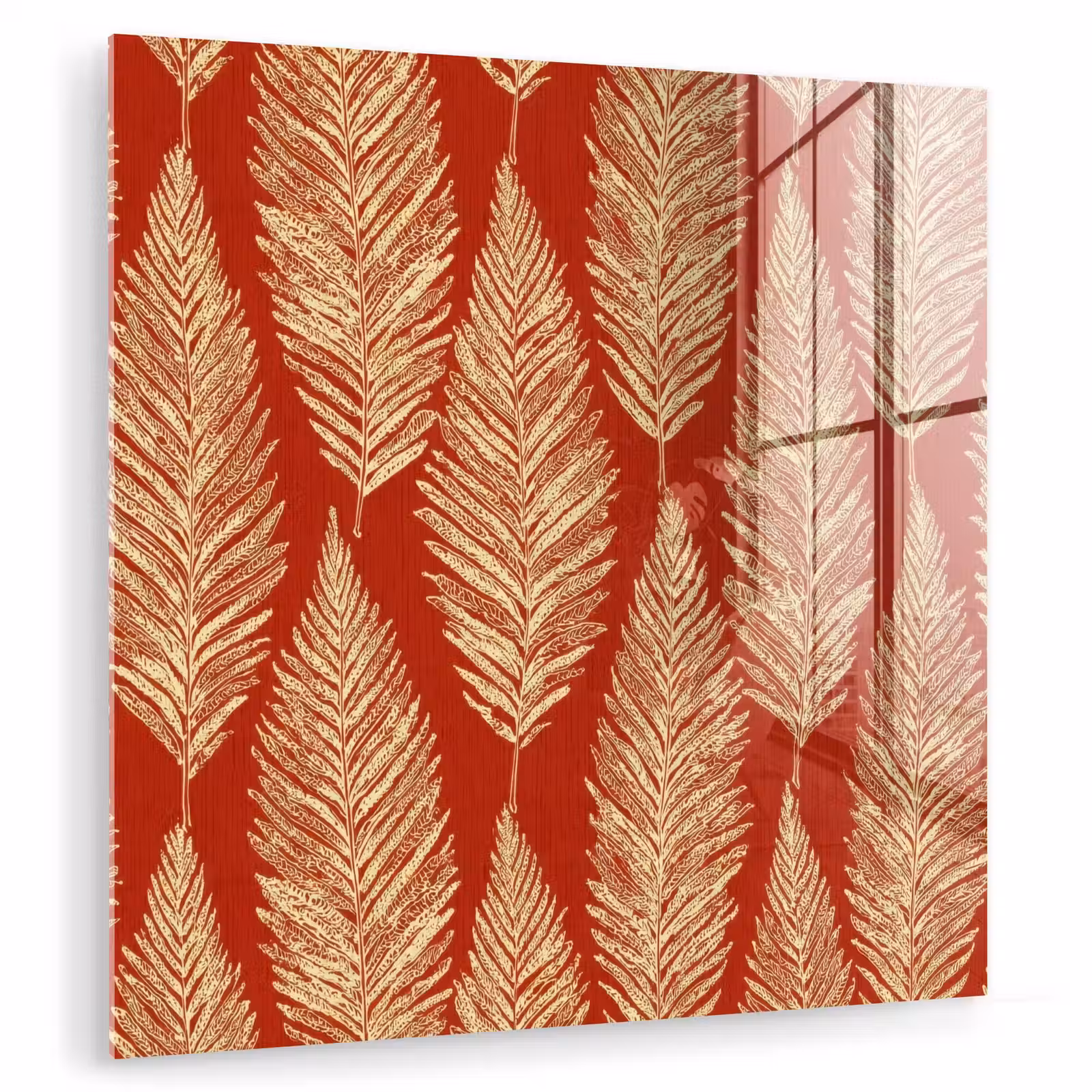 Glasbild - Rot – Botanisch – Farn – Muster — 1