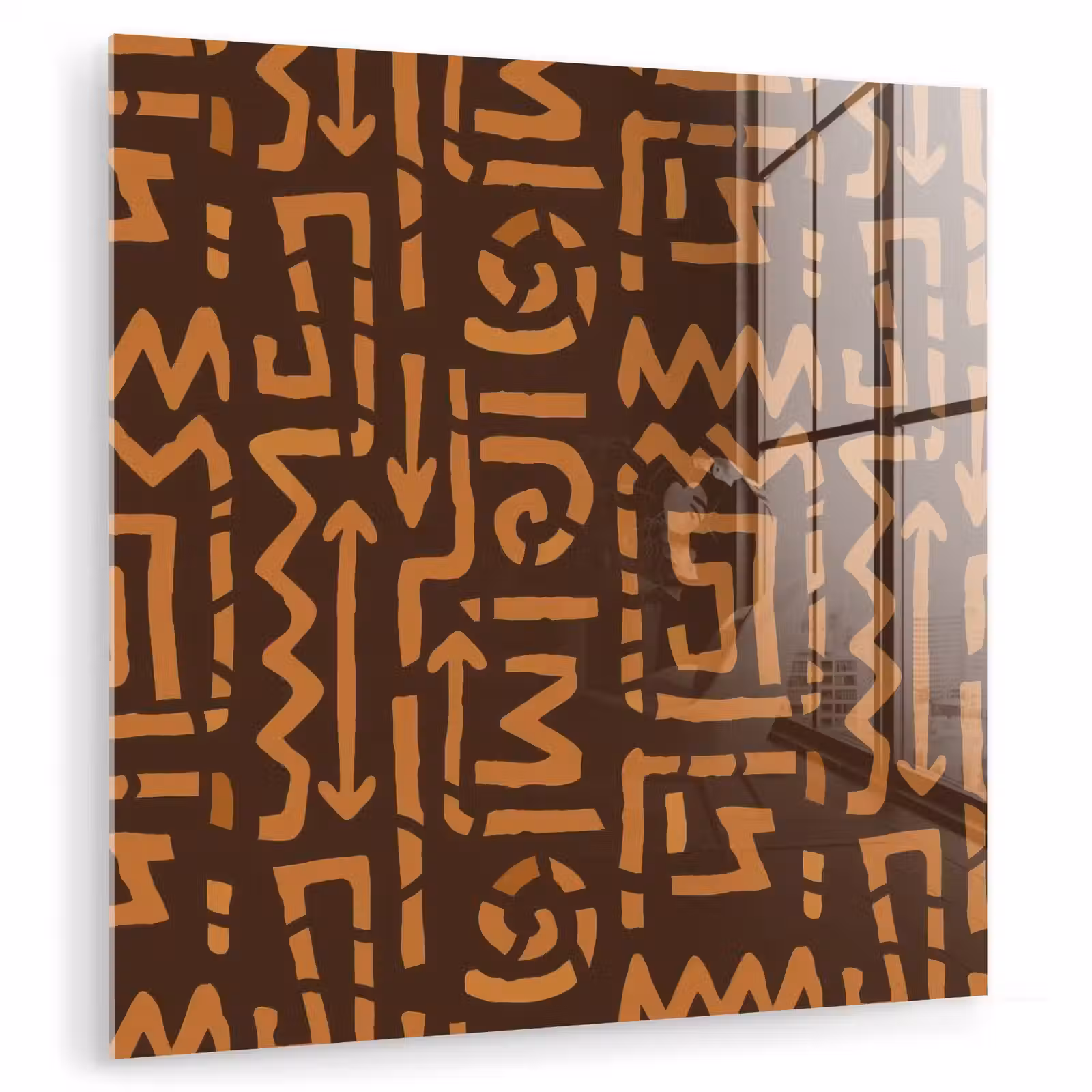 Glasbild - Schokoladenbraun – Ethno – Tribal – Symbole — 1
