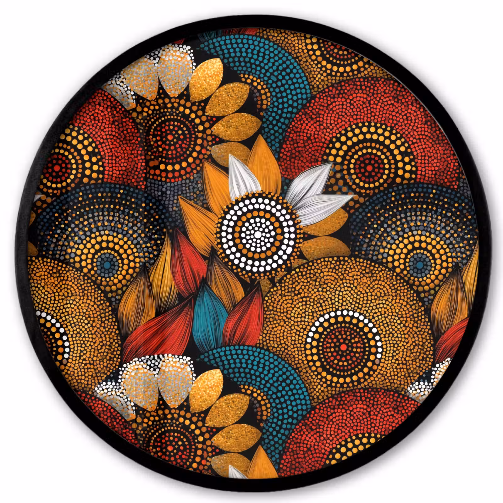 Poster im Rahmen Rund - Farbenfroh – Aborigine – Punktmalerei – Botanisch – Muster — 1