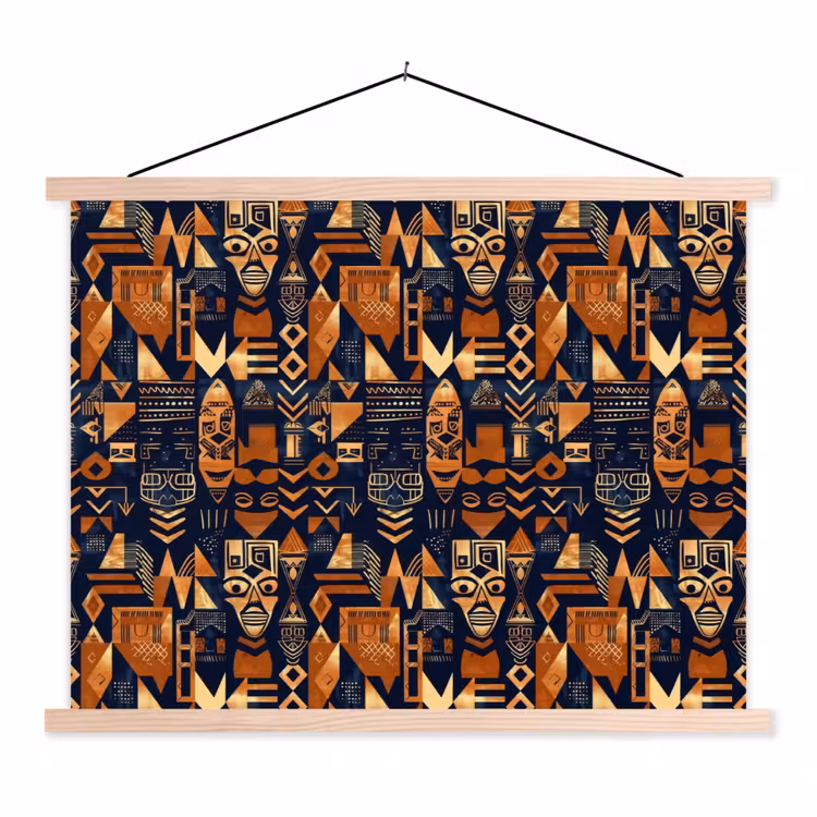 Stoffbild - Nachtblau – Kupfer – Tribal – Masken — 1