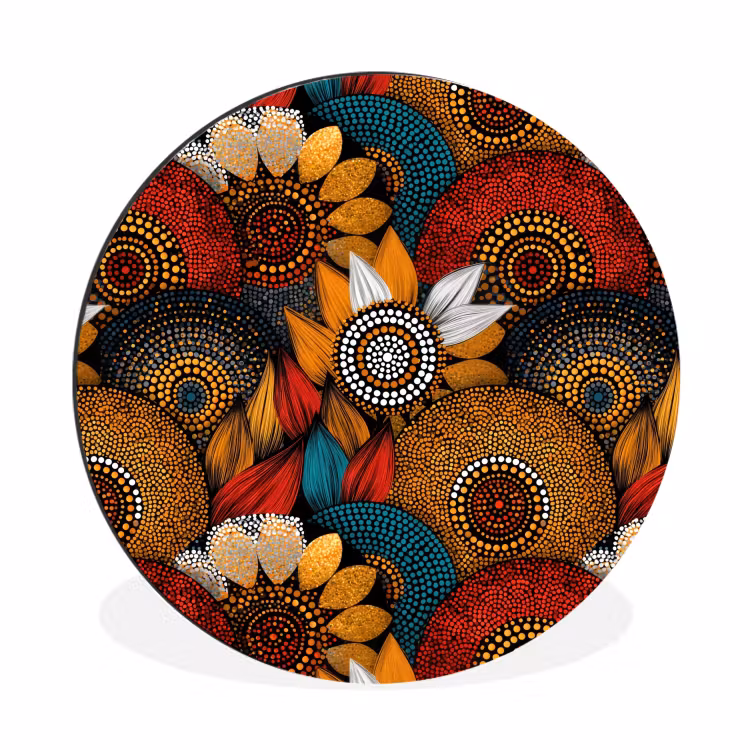 Alu-Dibond-Bild Rund - Farbenfroh – Aborigine – Punktmalerei – Botanisch – Muster — 1