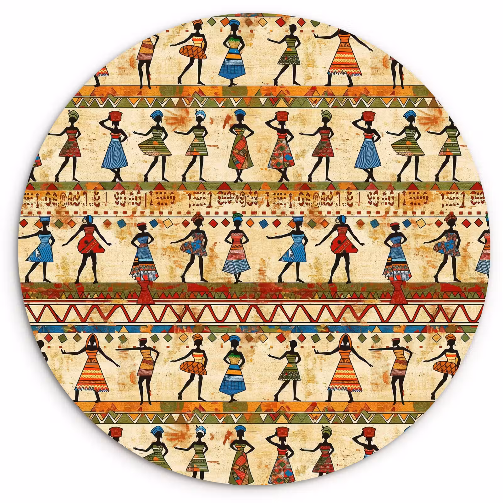 Glasbild Rund - Farbenfroh – Afrikanisch – Ethnisch – Tanzende Frauen – Muster — 1
