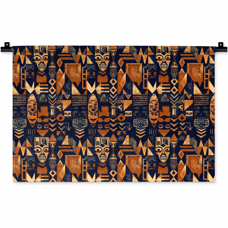 Wandteppich - Nachtblau – Kupfer – Tribal – Masken — 1