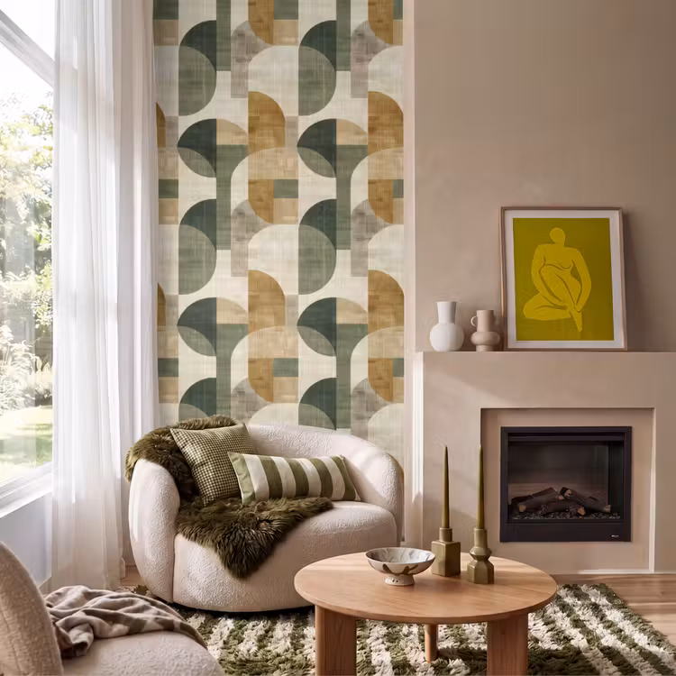 Tapete - Olivgrün – Geometrisch – Abstrakt – Mid-Century – Leinen – Muster — 1