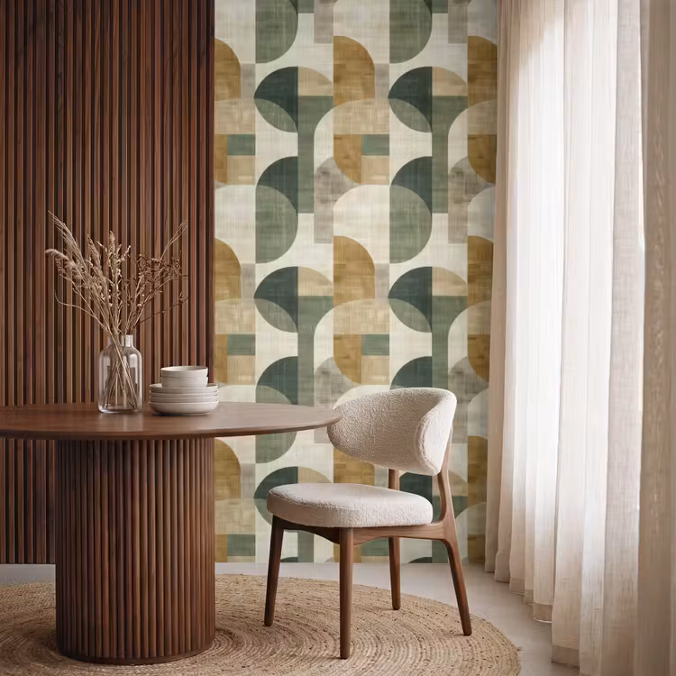 Tapete - Olivgrün – Geometrisch – Abstrakt – Mid-Century – Leinen – Muster — 4