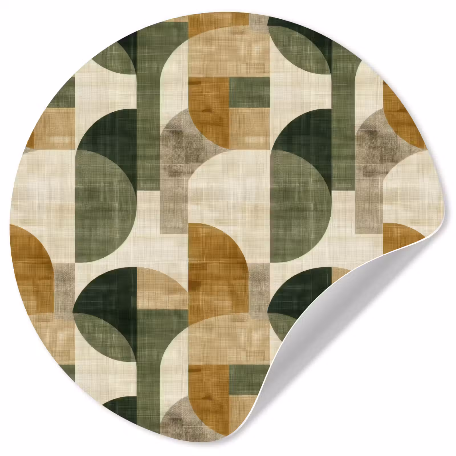 Runde Tapete - Olivgrün – Geometrisch – Abstrakt – Mid-Century – Leinen – Muster — 1