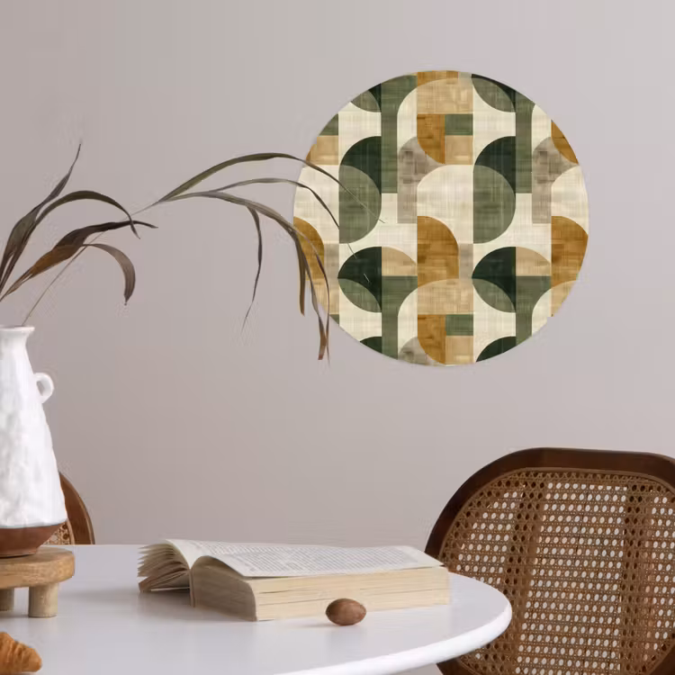 Runde Tapete - Olivgrün – Geometrisch – Abstrakt – Mid-Century – Leinen – Muster — 4