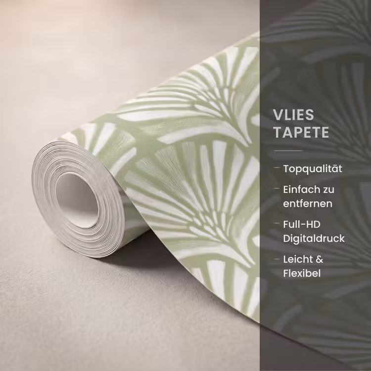 Tapete - Salbeigrün – Ginkgo Biloba – Fächer – Muster — 3